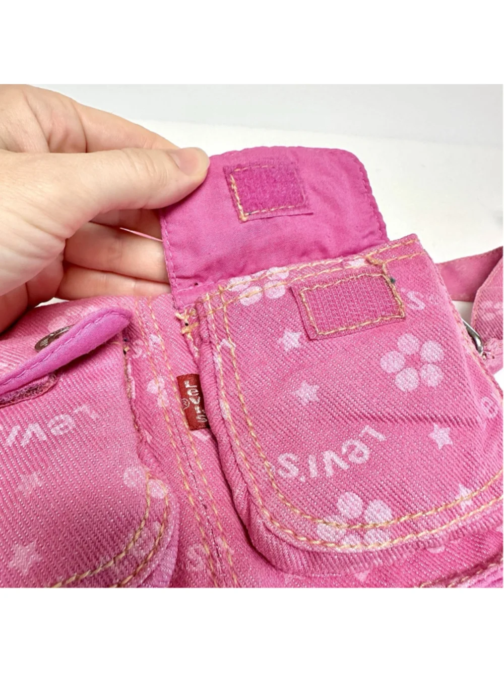 Vintage Levis Pink Denim Utility Shoulder Bag Y2K Cargo Purse Floral Print